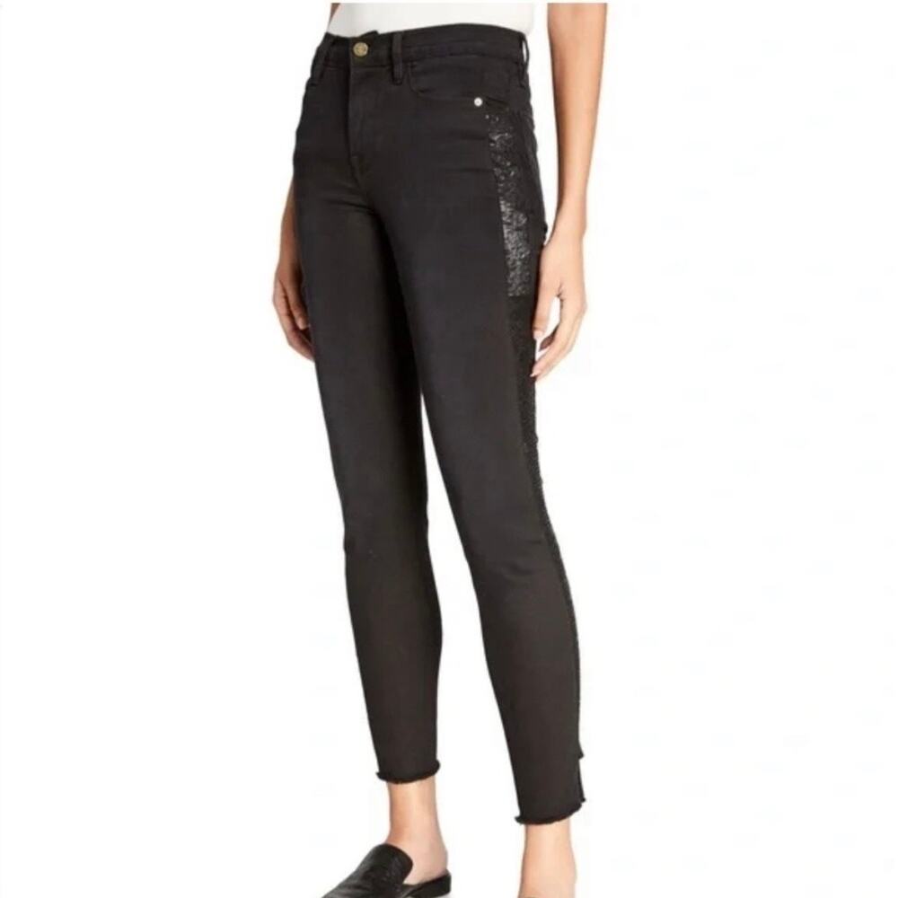 Frame Le High Skinny Jeans Sequin Tux Stripe Sparkle Stretch Black Women’s Sz 28